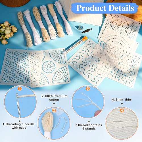 46 Pcs Sashiko Thread Kit Sashiko Needles Cotton Thimble Patterns （White） - color: white