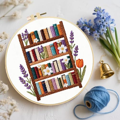 FREEBLOSS 4 Set Embroidery Kit Bookshelf Pattern Stamped Embroidery Starter Kit with Step by Step Instructions, Colored Threads, 2 Hoops, Needlepoint Kits for Hand Craft Lovers Gift, 30cm/11.8inch - style: Book Shelf