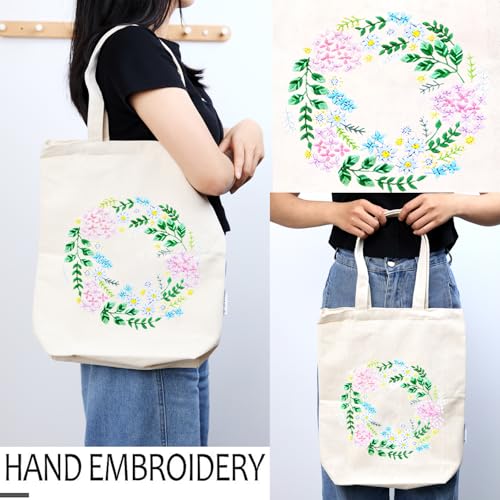 CREAWONDER Canvas Tote Bag Embroidery Kit with Pattern for Beginners, Arts and DIY Embroidery Crafts Kits for Adults, Include Instructions, Thimble, Embroidery Hoops, Color Threads and Tool - color: CR002 huafanyunyu
