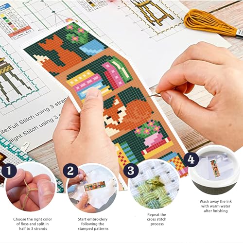 FREEBLOSS 6 Set Cross Stitch Bookmark Kits Fox Bookshelf Pattern Stamped Embroidery Kit Stitch Bookmarks DIY Book Marks Printed Cross Stitch Kits with Instructions for Beginners Adults, 8''x2.4'' - style: Fox bookshelf