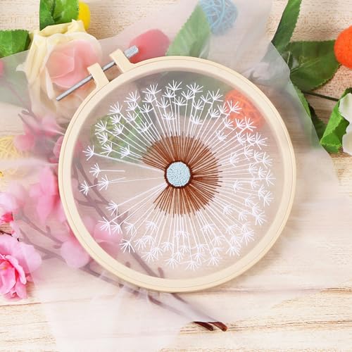 KISSBUTY Full Range Embroidery Starter Kit with Dandelion Pattern, Plastic Hoop, Color Threads, Tools