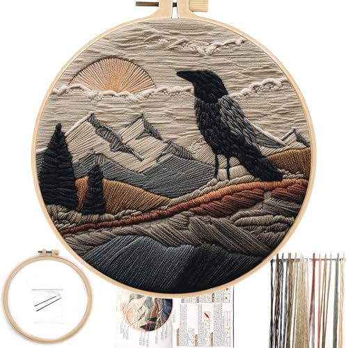 FONNUY Embroidery Kit, Featuring Crow and Landscape Patterns, Cross Stitch Kits for Both Adults and Beginners, Handmade Crafts Printed Pattern Set, Color Thread Needlework, 8'' Hoop (Fearless Bird) - color: Fearless Bird