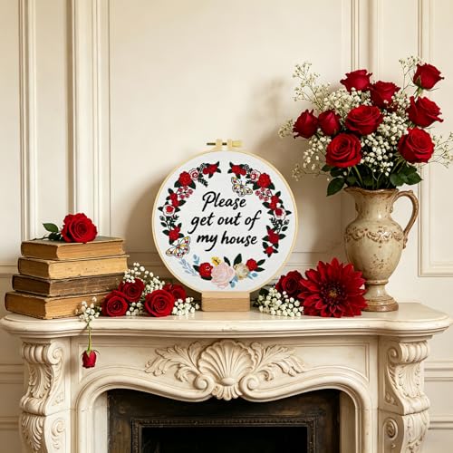ElasignShopo Embroidery Kit for Beginners Adults – Funny Please Get Out of My House Cross Stitch Kit, Floral Butterfly Pattern Embroidery Starter Set with Hoop, Needles, Threads & Instructions - color: Funny Flower