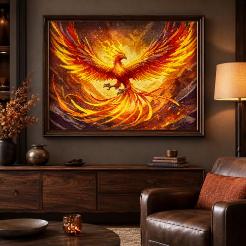 Zhenqing Fire Phoenix Stamped Cross Stitch Kit for Beginners, 11CT Printed Full Coverage Mythical Bird Pattern, 28 x 38 cm DIY Fantasy Embroidery Needlework Set, No Hoop Needed - color: Phoenix Rising in Flame