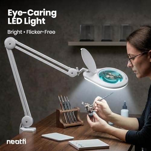 Neatfi Elite XL HD Super LED Magnifying Lamp – 7” Glass Lens, 5-Diopter, 6500K Daylight | Glare-Free, Adjustable Arm | Reading, Sewing & Crafting (White-3, 7-inch Lens, Non-CCT with Clamp) - color: White-3, size: 7-inch Lens, Non-CCT with Clamp