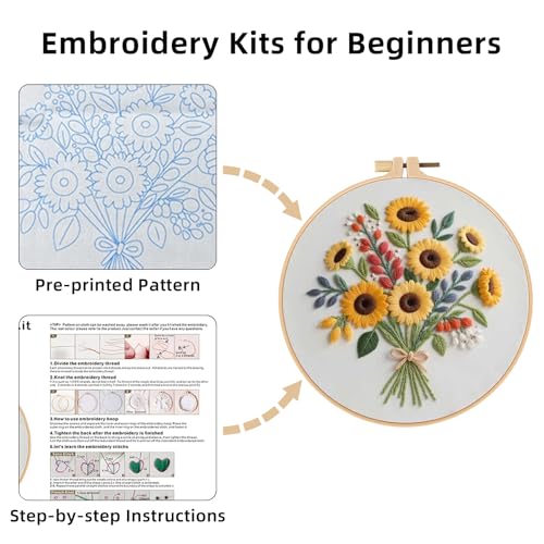 Herdiese Embroidery Kit for Beginners & Adults with Flower Pattern - color: Flower-A
