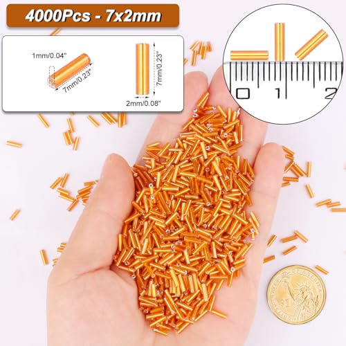 4000 Pcs Bright Orange Glass Bugle Beads, 2 x 7 mm Embroidery Beads, Small Long Tube Seed Beads for Embroidery Craft Jewelry Making - color: Bright Orange