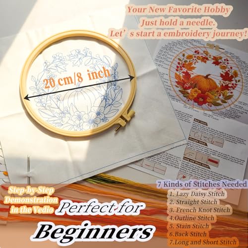 FONNUY Fall Embroidery Kit, Handmade Autumn Wreath Pre-Stamped Pattern for Beginners, Thanksgiving Harvest Home Decor, 8'' Hoop (Pumpkin) - color: Pumpkin