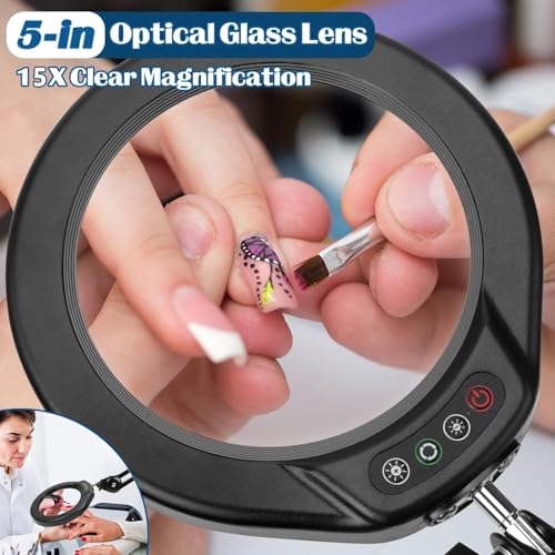 15X Magnifying Glass with Light and Stand, Super Bright 2,200 Lumens LED Magnifying Floor lamp with 5 Wheels Rolling Base, 5 Color Modes Stepless Dimming Lighted Magnifier for Esthetician - Black - color: Black
