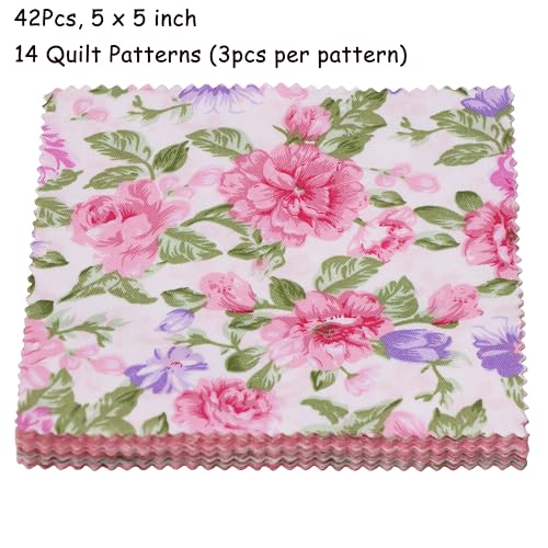 Nodsaw Pink Charm Packs for Quilting 5 inch - 5x5 Charm Squares Precut Quilting Fabric - 100% Cotton Fabric Squares for Sewing DIY Patchwork (42Pcs) ﻿ - color: Pink