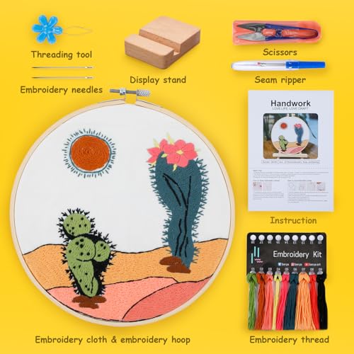BERYA Funny Cactus Embroidery Kit with Embroidery Hoop, Easy Embroidery Kit for Beginners, Include Instructions, Display Stand, Printed Cloth, Threads and Tools - with Video Tutorials (BEC003) - color: cactus blue and green
