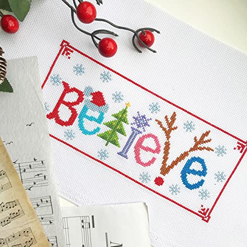 Povitrulya Counted Cross Stitch Kit 'Believe' - Embroidery Set for the Holidays, Encouragement, or Inspiring Everyday Possibilities with a Christmas Tree, Snowflake, Deer and Santa Hat