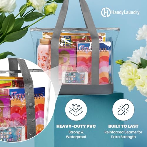 Handy Laundry Clear Tote Bag - Zipper Closure, Long Shoulder Strap, Fabric Trimming. - color: Grey