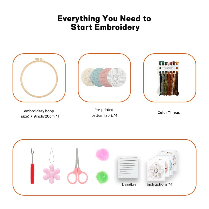 JOINRUN Beginner Embroidery Kit for Adults, 4 Pack with Video Tutorial - color: Fox