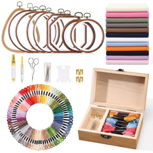 Hotop 171 Pcs Embroidery Kit for Beginners Adults, Starter Kit with 9 Wood Grain Embroidery Hoops in 4 Shapes, 100 Color Threads, 12 Color Fabric, Wood Storage Box, Needles, Scissors and Tools