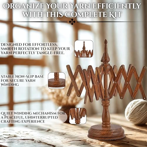 Brainmart Rosewood Yarn Winder & Swift with Wooden Yarn Bowl – 30pcs Crochet Kit | Handcrafted Wooden Ball Winder, Crochet Hooks Set, Bobbins, Weaving Needles for Knitting, Crocheting & Weaving