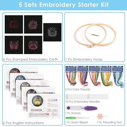 ERKOON 5 Sets Embroidery Kit for Beginners Adult Mushroom Cross Stitch - color: Black-Mushrooms