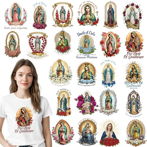 Dazoratix Guadalupe Iron on Transfers - 24 Sheets Our Lady of Guadalupe DTF Transfers Ready to Press Virgen de Mary Heat Patches Religious Stickers Vinyl Decals T Shirts Clothing Pillow Bag DIY Crafts - style: Our Lady of Guadalupe