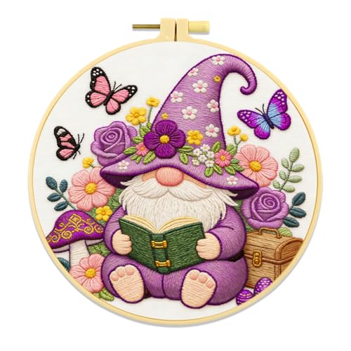 Zhenqing Purple Gnome Reading Book Embroidery Kit, Fairy Garden Craft Set with 20cm Hoop, Printed Design on 29x29cm Cotton Fabric, DIY Whimsical Wall Art (JC0071)