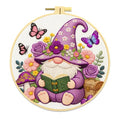 Zhenqing Purple Gnome Reading Book Embroidery Kit, Fairy Garden Craft Set with 20cm Hoop, Printed Design on 29x29cm Cotton Fabric, DIY Whimsical Wall Art (JC0071)