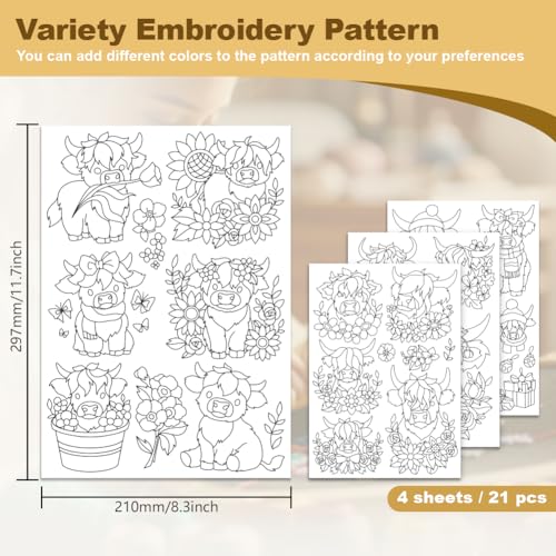 21Pcs Floral Highland Cow Water Soluble Hand Sewing Stabilizers - style: Highland Cow
