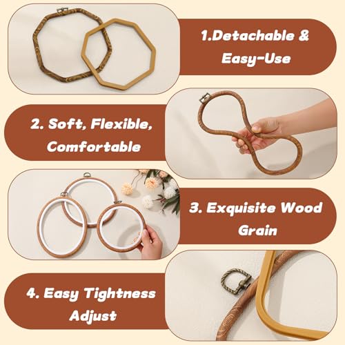 12Pcs Embroidery Hoop Frame, 12 Sizes Imitated Wood Cross Stitch Hoop, Round Oval Octagonal Embroidery Hoop for Cross Stitch, DIY Sewing Craft, Hanging Ornaments Decor, 5 Shape
