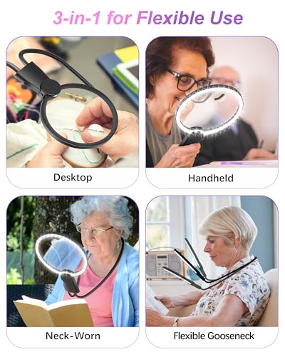 5X 15X Hands Free Magnifying Glass with Light for Reading 3 Color 48 LEDs, Neck Wear Magnifier with Light Hands Free for Reading Books, Crafts, Cross Stitch, Sewing, Close Work, Seniors, Low Vision