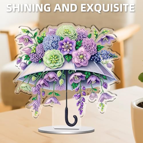 POETRYDRAW DIY Diamond Art Ornament Desktop Kit Umbrella Flower, Stand Up Acrylic Diamonds Painting Ornament for Adults, 5D Special Diamond Gem Craft Tabletop Placement Board Kit - color: Umbrella Flower