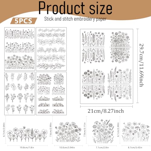 Water Soluble Embroidery Patterns Stabilizers, 5 Sheets 43 Pcs Flower Stick and Stitch Embroidery Papers Wash Away, Pre-Printed Long Rattan Floral Pattern Transfers for Hand Sewing Lovers Beginners - size: Flower B