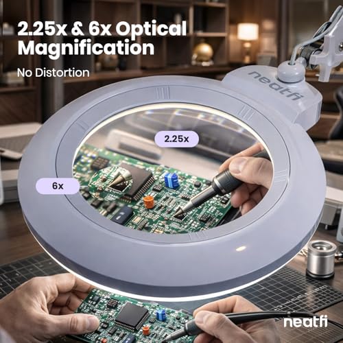 Neatfi XL Bifocal LED Magnifying Lamp, 7” Glass Lens, 2.25X/6X Magnification, 1,600 Lumens Dimmable | Hands-Free Close Work | Crafting, Jewelry & Reading (White-2, 7-inch Lens, Non-CCT with Clamp) - color: White-2, size: 7-inch Lens, Non-CCT with Clamp