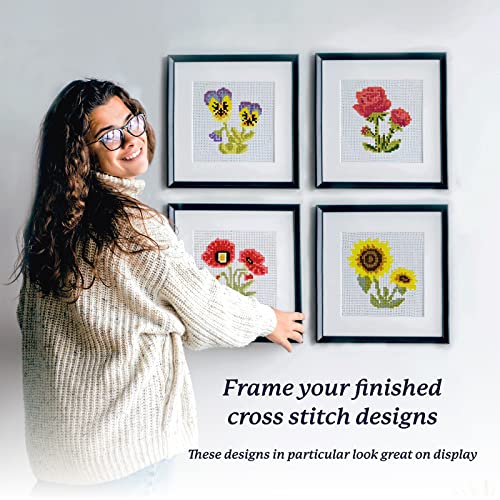 Kraftex Stamped Cross Stitch Kits for Beginners (Flower Theme - 6.75 Inch - 4 Pack 1 x Embroidery Hoop) Embroidery Needlepoint Patterns for Adults, Includes Poppy, Rose, Sunflower and Pansy - style: Flowers - Pansy, Roses, Poppy, Sunflower