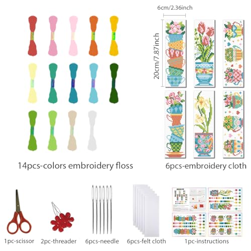 FREEBLOSS 6PCS Cross Stitch Bookmark Kit Tea Cup Pattern Cross Stitch Bookmarks Kit for Beginner DIY Stamped Embroidery Bookmark Kit DIY Bookmarks Cross Stitch Kits for Beginners - style: Tea cup flowers