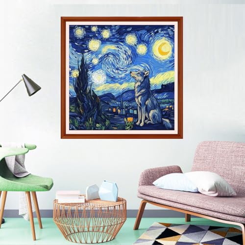 Redxing Counted Cross Stitch Kit for Beginners,Unprinted Needlepoint Kits for Beginners Cross Stitching Embroidery Kit 11CT Stitches kit-Wolf Under Van Gogh's Starry Sky 18x18 inch - color: Setpattern02