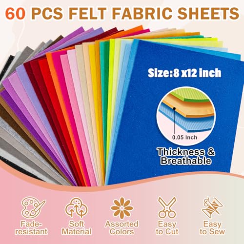 XSEINO 60PCS 8" x 12" 1.4 mm Thick Soft Felt Sheets,60 Assorted Multicolour Series Soft Felt Sheets for DIY Craft Sewing Squares Nonwoven Patchwork - color: 60p-multicolour