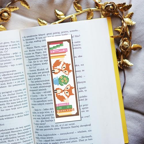 FREEBLOSS 6 Set Cross Stitch Bookmark Kits Fox Bookshelf Pattern Stamped Embroidery Kit Stitch Bookmarks DIY Book Marks Printed Cross Stitch Kits with Instructions for Beginners Adults, 8''x2.4'' - style: Fox bookshelf