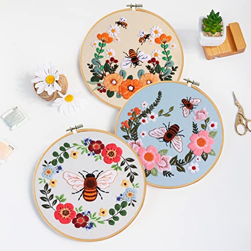 Santune 3 Pack Bee Embroidery Kit for Beginners Adult Cross Stitch Kits Hand Embroidery with Animal Patterns and Instructions,DIY Sets for Women with Hoop,Threads and Needles - color: Bee Series