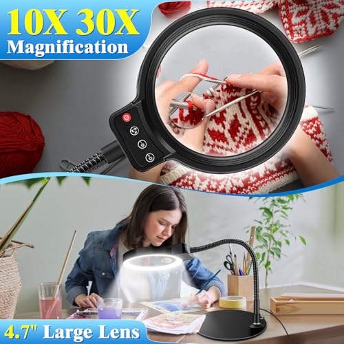 10X 30X Magnifying Glass with Light and Stand, LED Desk Lamp for Close Work - color: Black