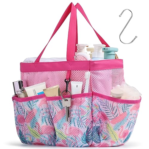 Mesh Shower Caddy Portable - 8 Pockets, S-Hook, Shower Bag for Dorm Camping - color: Pink Flamingo, size: L (Classic Dorm Caddy)