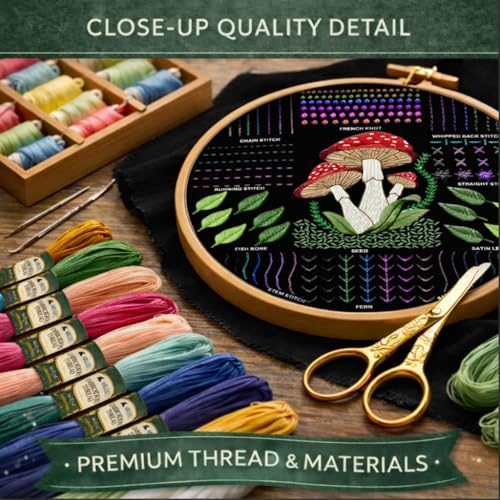 Embroidery Kit for Beginners Adults, 4 Pre-Printed Cloths, 41 Stitches - color: Beginners - Floral & Mushroom