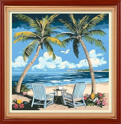 Foxhool Stamped Cross Stitch Kits,11CT Printed Cross Stitch Pattern Full Embroidery Kits for Beginner Needlepoint Kits& Beach Coconut Trees 18x18 inch - color: ColorSet04