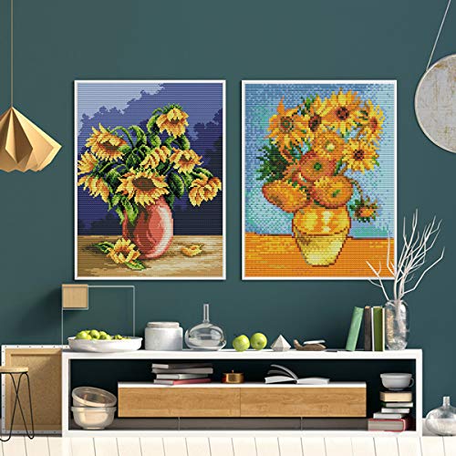 Printed Cross Stitch Kits 11CT 10X13 inch 100% Cotton Holiday Gift DIY Embroidery Starter Kits Easy Patterns Embroidery for Adults Crafts DMC Stamped Cross-Stitch Supplies Needlework Sunflower - color: Stamped 9.4×12.6 inch