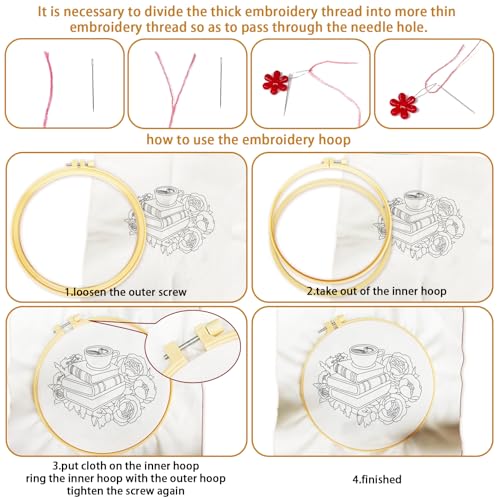 BEUNITONE 4 Set Book Flower Embroidery Kit for Adult Beginners 7.9x7.9 DIY Cross Stitch Kits Needlepoint Starter Kit with Pre-Printed Design and Hoops, Stamped Embroidery Kit for Home Ofiice Decor - style: B-Book Flowers