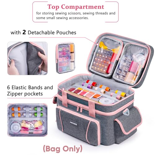 Double-Layer Sewing Organizer Bag with 2 Detachable Pouches and Dividers - color: Vintage, size: L-13.5"