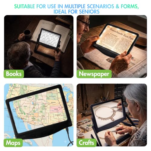 MAGNIPROS 5X LED Page Magnifying Glass, Detachable Stand, 3 Color Modes - color: Jet Black