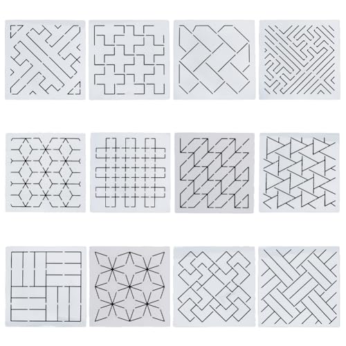 FREEBLOSS Sashiko Embroidery Stencils Sashiko Stencil Geometric Embroidery Patterns Stencils for Drawing Sashiko Template for Hand Quilting and Embroidery14x14cm - style: Geometric2