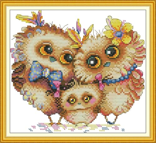 Maydiyer Counted Cross Stitch Kits for Adults,14CT Unprinted Pattern Embroidery Kits for Beginners,Easy Cross-Stitch Set DMC Threads Needlework-The Owl Family 8.7''×8.3'