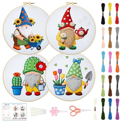 BEUNITONE 4 Set Gardener Gnome Embroidery Kit for Adult Beginners with Hoop - style: D-Dwarf