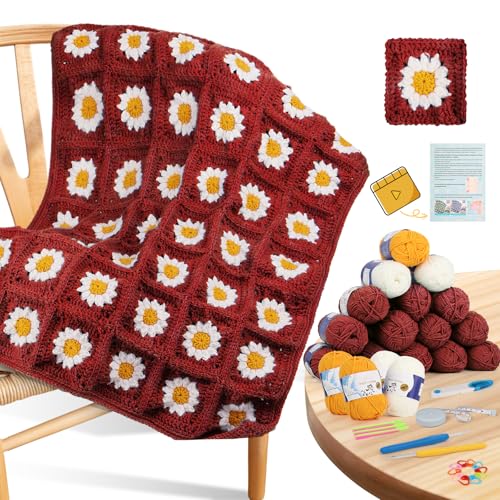 Coopay Crochet Kit for Beginners, Granny Square Crochet Blanket Kit, Red - color: Roman Red - Daisy