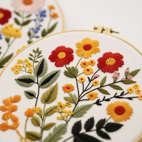 Zhenqing 4-Piece Floral Embroidery Kit for Beginners - Complete Set with Sunflower, Daisy Designs & Pre-Printed 29x29cm Cotton Fabric, Hoop, Threads & Tools(C0166) - color: C0166