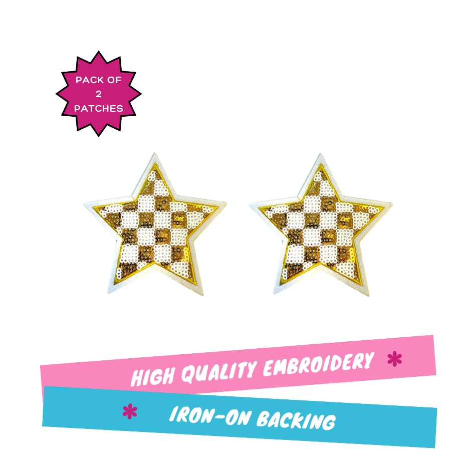 Gold Checkered Sequin Star Patch, 3.75" x 3.75”, 2-Pack, Embroidered Iron-On for Hats, Bags, Jackets - color: Checkered Sequin Star - Gold
